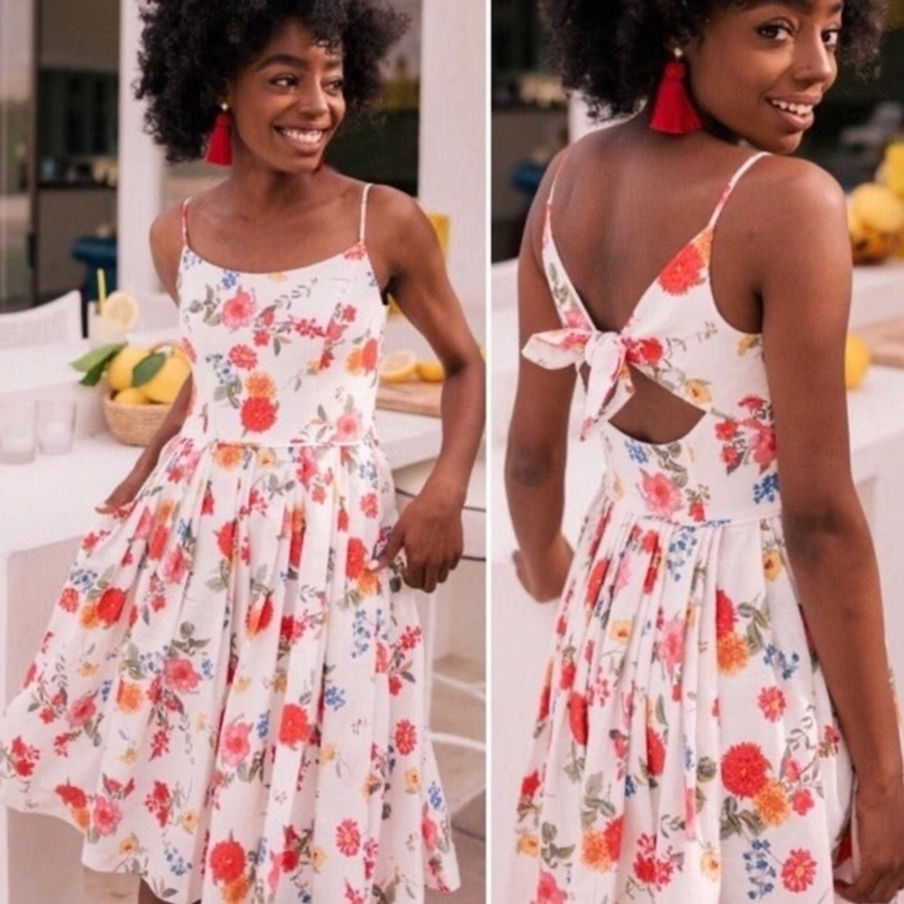 Gal Meets Glam Cassie Floral Linen Bow Back Tie Swing Dress Summer Sundress 2